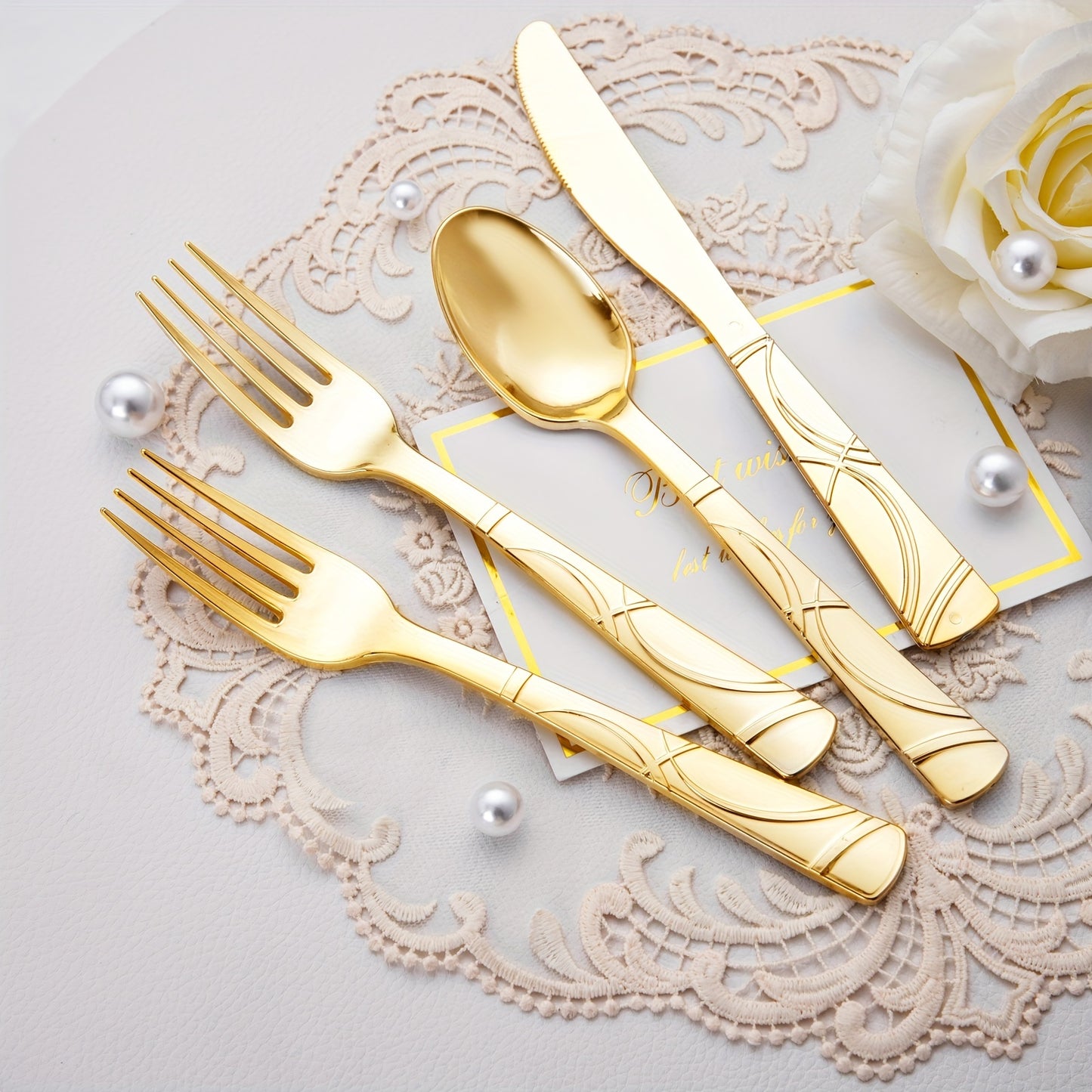 75 Pcs Golden Silverware/Plastic/Disposable w/25 Golden Forks, 25 Golden Spoons, 25 Golden Knives