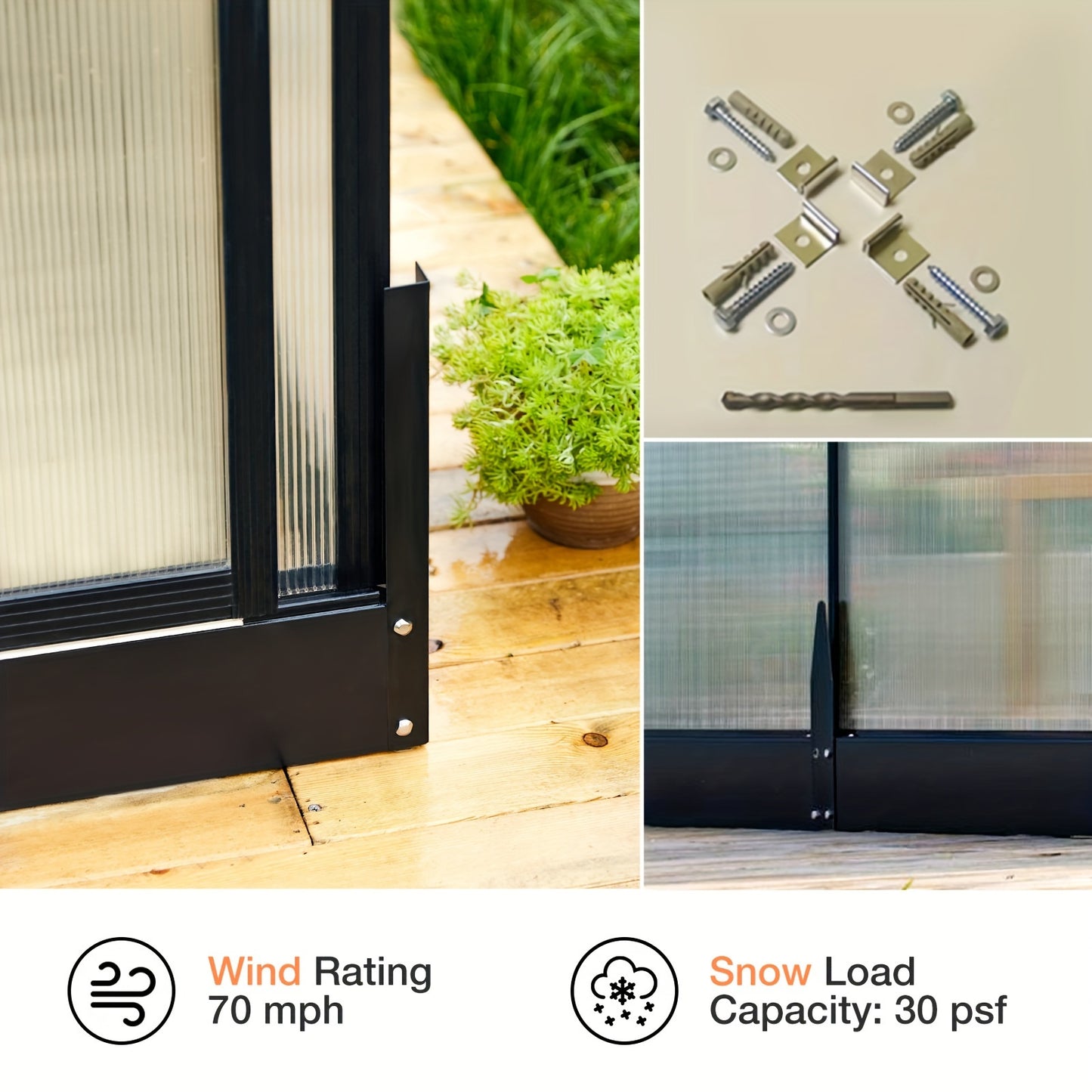 Aluminum Greenhouse Polycarbonate, 2 Vents, Double Swing Doors, 6FT Wall Height Extension