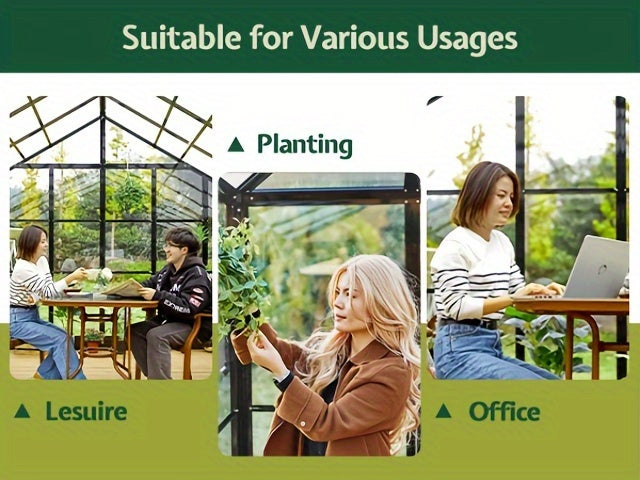 PAPABABE Greenhouse 12x10x8ft Aluminum Frame/Quick-Connect/2 Hinged Doors/Vents, Garden Houses