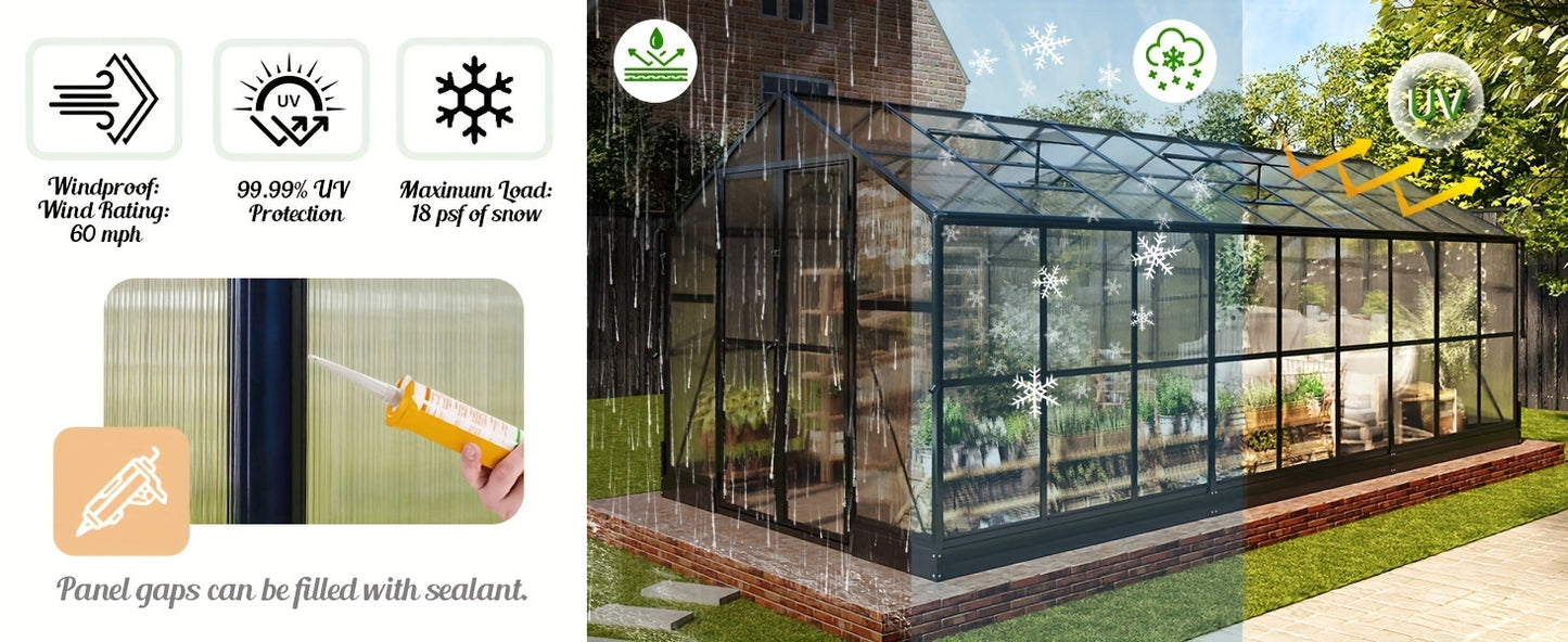 Premium 8x18FT Polycarbonate Greenhouse/Quick-Connect, Aluminum Construction/2 Swing Doors