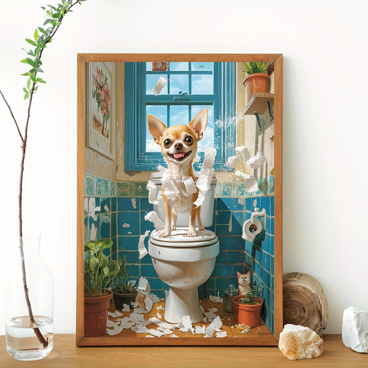 Happy Chihuahua on Toilet: 12X16 Inch NOT Framed Art Print - A Whimsical Take on a Classic Scene