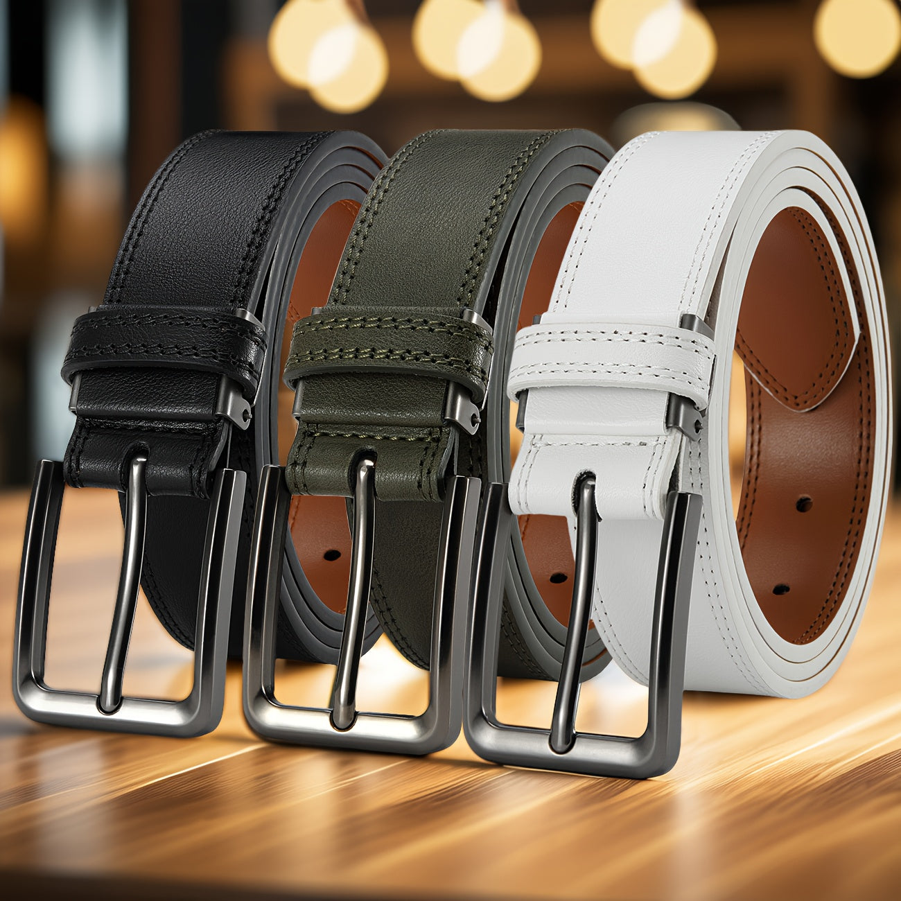 3pcs Mens Genuine Leather Belt Pin Buckle Classic Vintage Cowhide Trendy Casual Jean Belts
