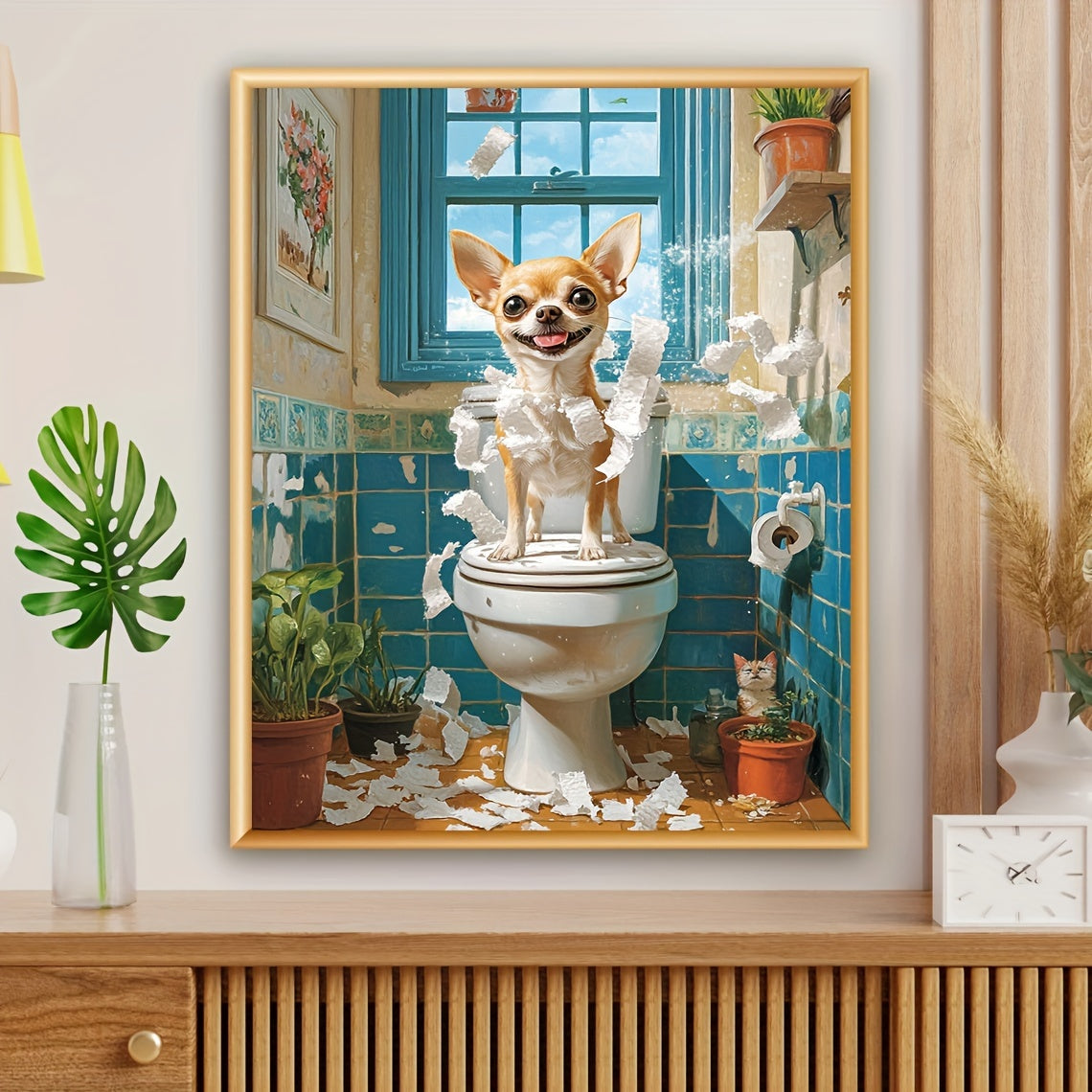 Happy Chihuahua on Toilet: 12X16 Inch NOT Framed Art Print - A Whimsical Take on a Classic Scene