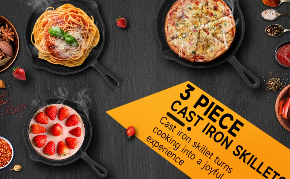 3pcs Non-Stick Cast Iron Skillet Set with Drip Spout - Perfect for Holiday Cooking, RV & Campfire