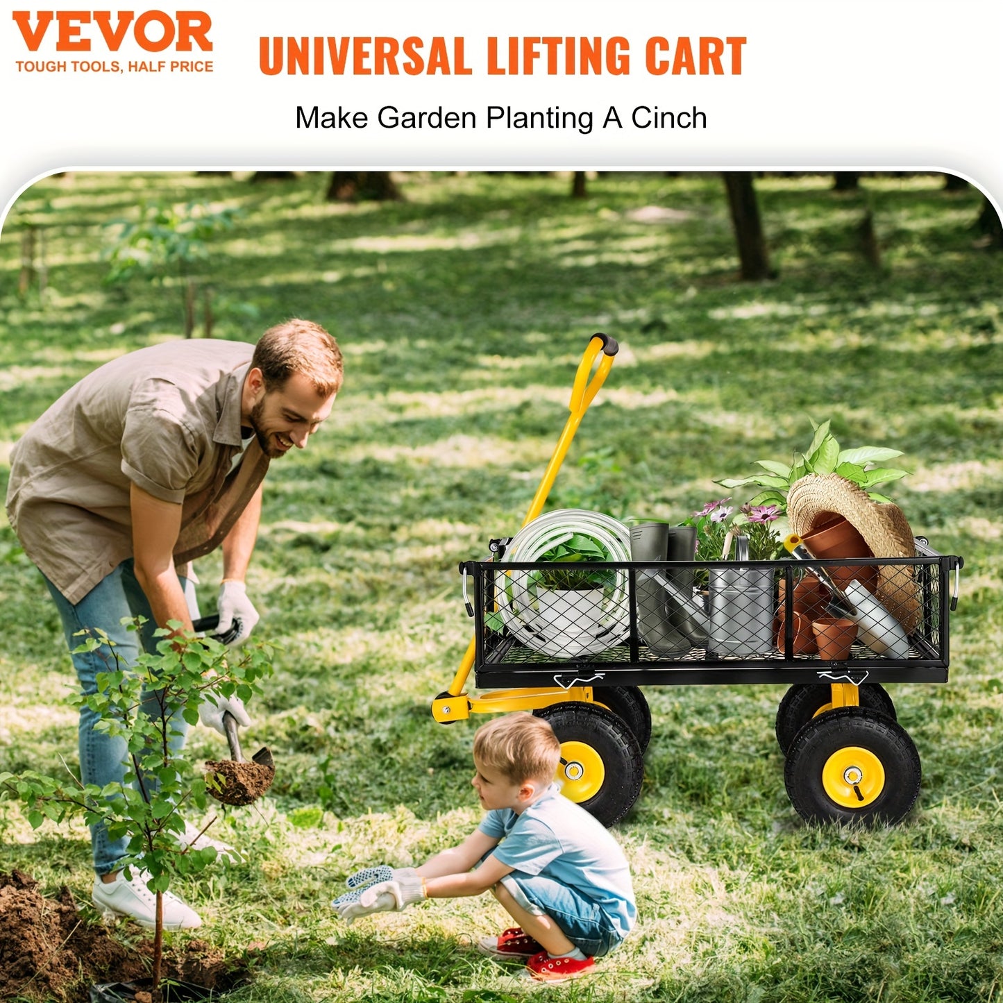 VEVOR Steel Garden Cart, Heavy Duty 900 lbs Capacity, w/Mesh Sides Utility Metal Wagon/10"Tires