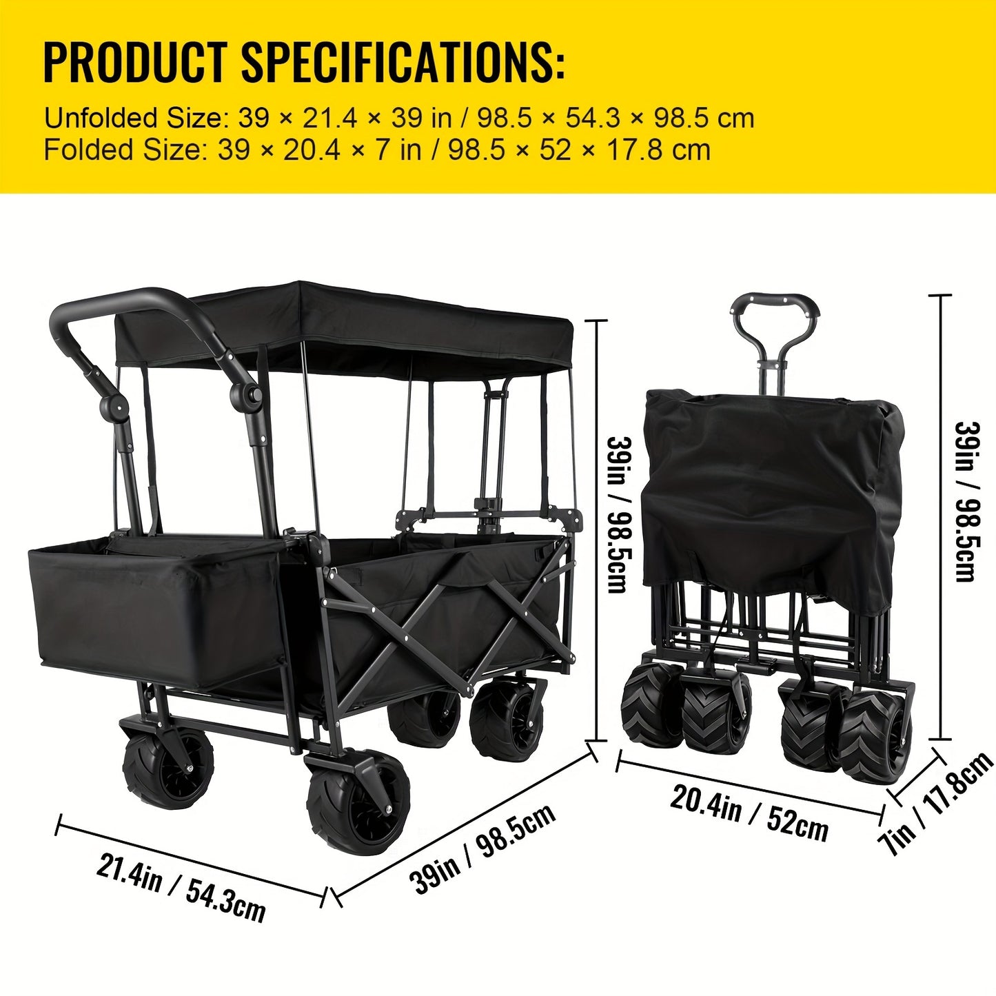 VEVOR Collapsible Wagon With Removable Canopy, 220lbs Heavy Duty Foldable Beach Wagon W/Big Wheels