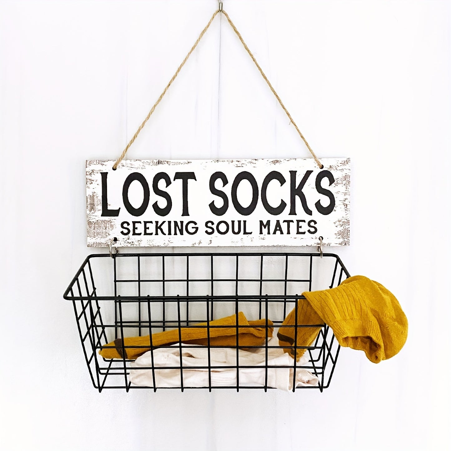 Wall-Mounted Lost Socks Organizer with Sign - Metal Laundry Basket for Easy Storage