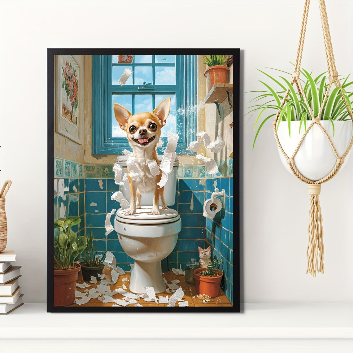 Happy Chihuahua on Toilet: 12X16 Inch NOT Framed Art Print - A Whimsical Take on a Classic Scene