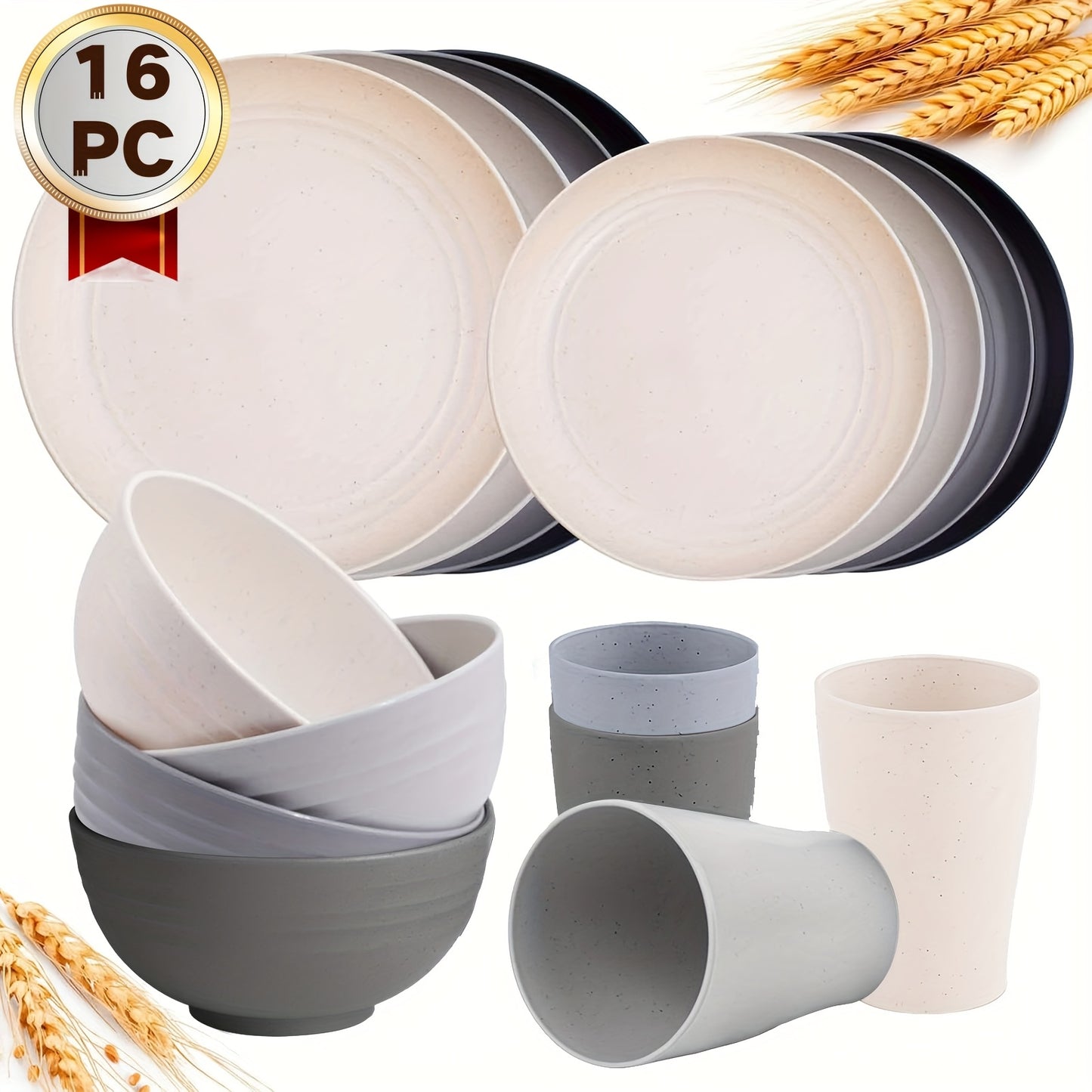 16/32pcs Wheat Straw Tableware Set, Round Plates, Dessert Plates, Bowls AndCups, Unbreakable Plates And Bowls Set, Service For 8/4, Dishwasher Safe, Durable & Lightweight & Easy-Clean For Kitchens, RVs, Camping, And Outdoor U
