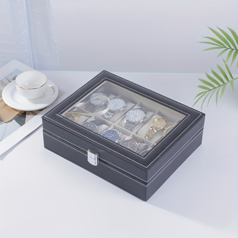1pc Black Faux Leather Watch Box, Square Flip Display Box For 10/12 Slots, Elegant Watch Organizer