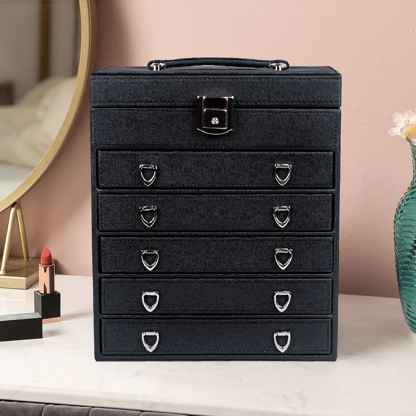6-Layer Large Leather Jewelry Box for Women, Jewelry Organizer Box w/Mirror LJC09BK