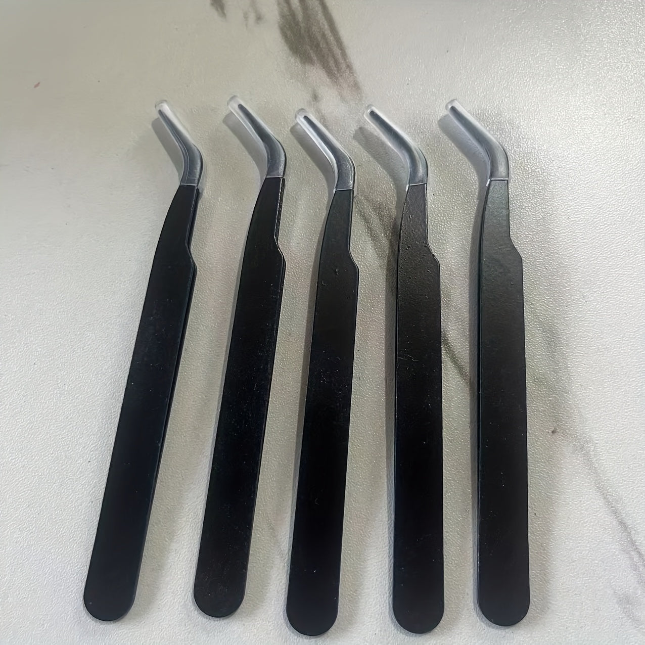 Set of 5 Black Metal Precision Tweezers with Curved Tips, Ideal for Crafting And Handiwork