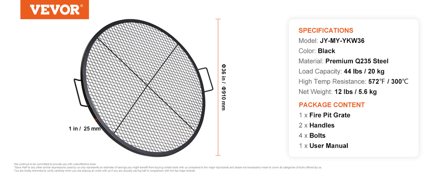 VEVOR X-Marks Fire Pit Grill Grate Round Cooking Grate Heavy Duty Steel Campfire BBQ Grill Grid