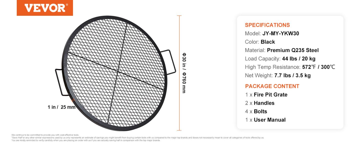 VEVOR X-Marks Fire Pit Grill Grate Round Cooking Grate Heavy Duty Steel Campfire BBQ Grill Grid