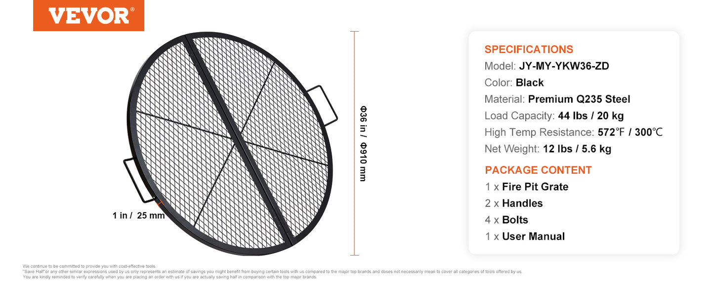 VEVOR X-Marks Fire Pit Grill Grate Round Cooking Grate Heavy Duty Steel Campfire BBQ Grill Grid