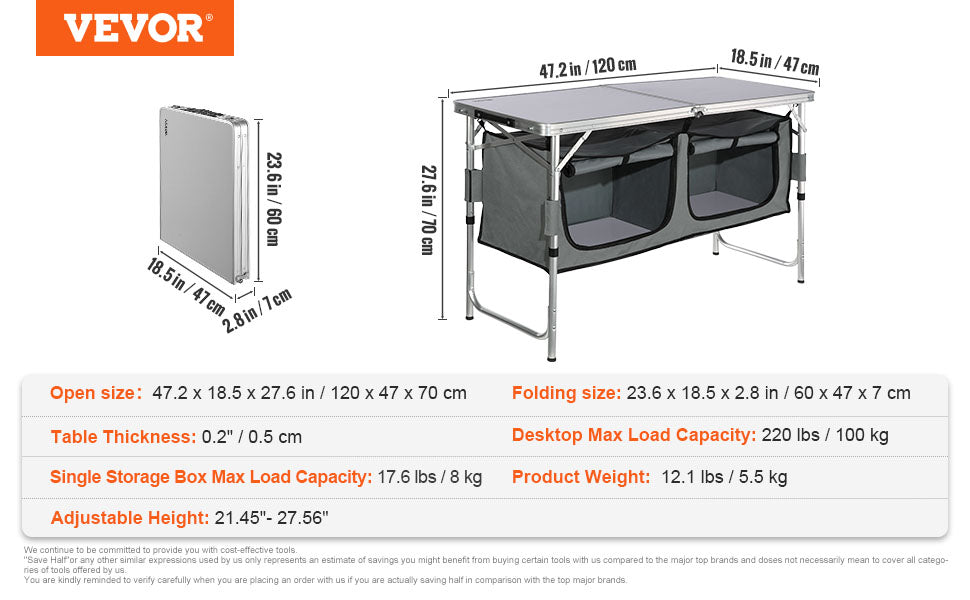 VEVOR Folding Picnic Table Kitchen Camping Cupboards Aluminum Suitcase Table W/ Storage Bag