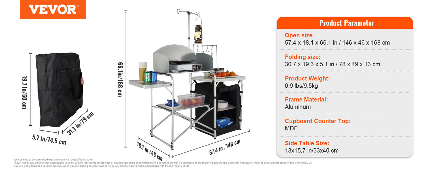 VEVOR Camping Kitchen Table,Folding Outdoor Cooking Table with Storage Bag, Aluminum Cook Station