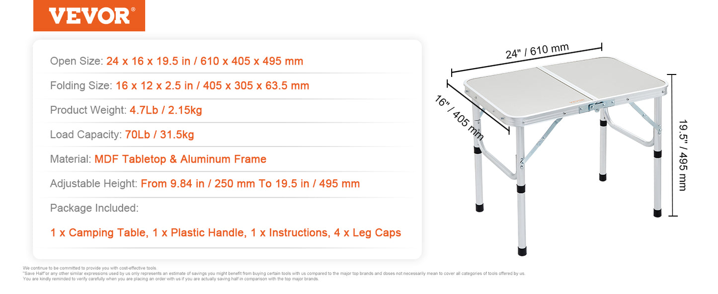 VEVOR 24"x16"x19.5" Camping Folding Table Outdoor Picnic Kitchen Work Rectangle Desk