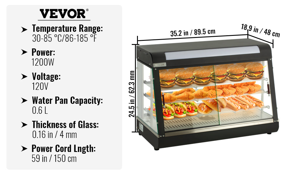 VEVOR Commercial Food Warmer Display Countertop 0.6L Water Tray Stainless Frame Glass Doors