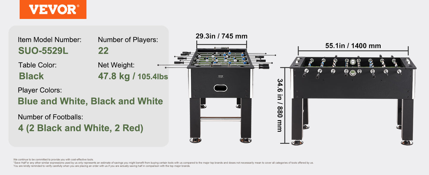 VEVOR Foosball Table Game 55in Soccer Tabletop Standard Size Tabletop Soccer w/Foosball Table Set