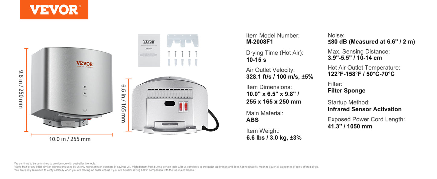 VEVOR Heavy Duty Commercial Hand Dryer 1400W Automatic High Speed Warm Wind Hand Blower