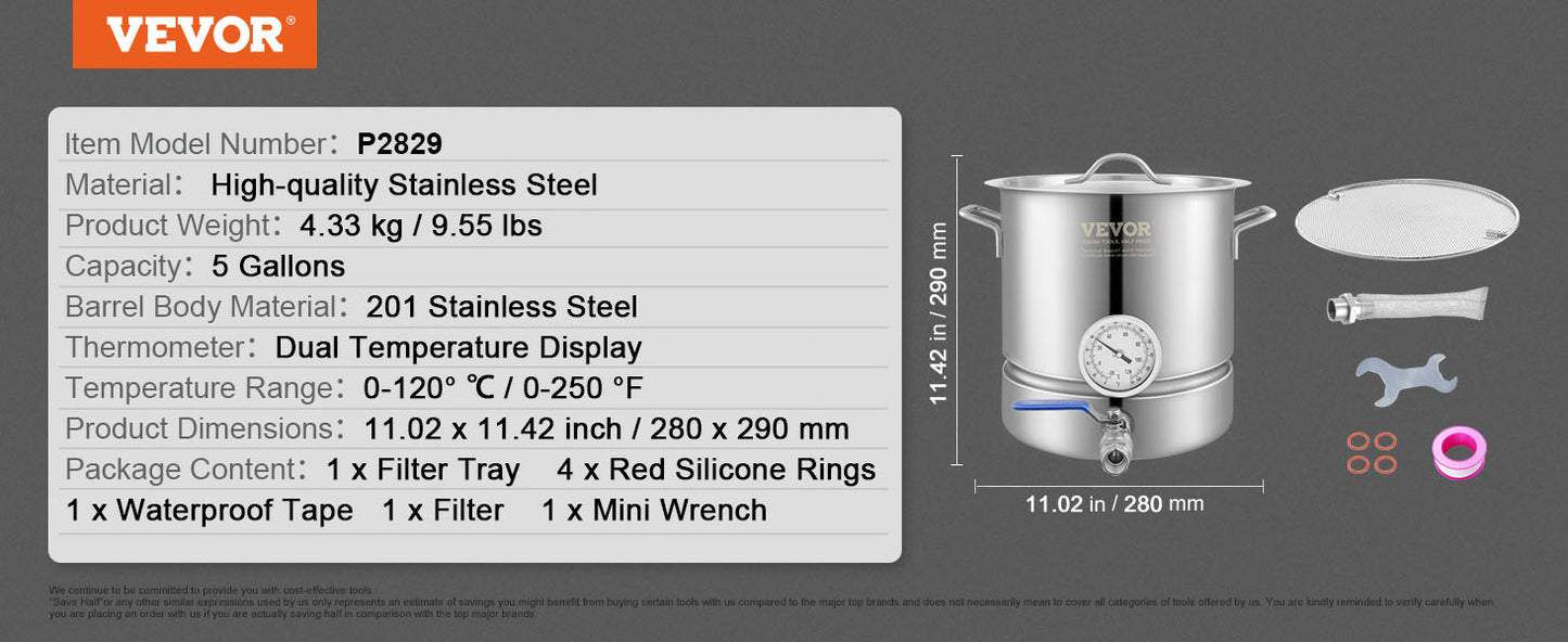 VEVOR Stainless Steel Kettle,5G Brewing Pot,Tri Ply Bottom Beer, Brew Kettle Pot, w/ Thermometer