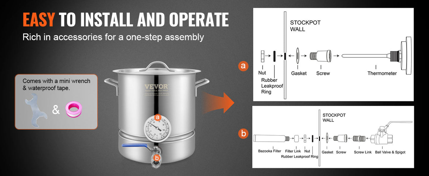 VEVOR Stainless Steel Kettle,5G Brewing Pot,Tri Ply Bottom Beer, Brew Kettle Pot, w/ Thermometer