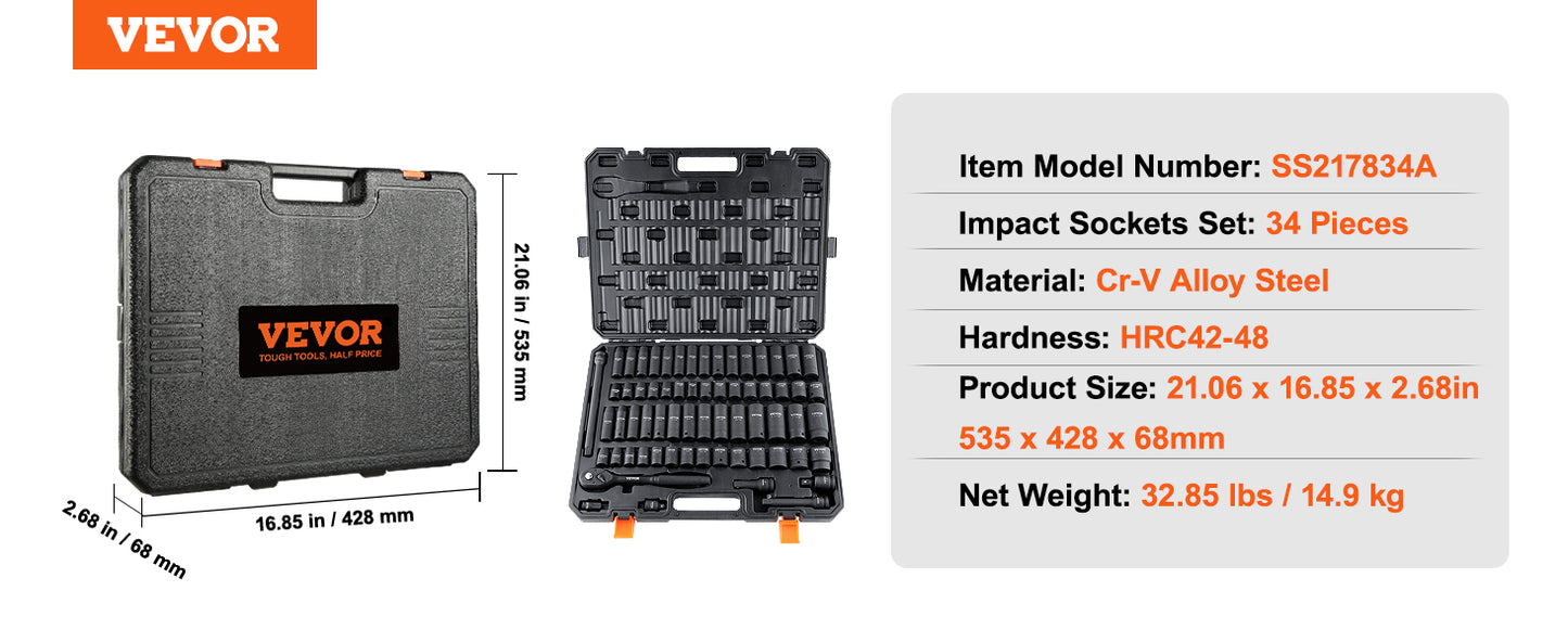 VEVOR 1/2" 3/8" Drive Impact Socket Set 13/23/33/34/48/65/90PCs SAE or Metric Cr-V/Cr-Mo Six Point