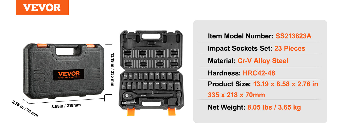 VEVOR 1/2" 3/8" Drive Impact Socket Set 13/23/33/34/48/65/90PCs SAE or Metric Cr-V/Cr-Mo Six Point