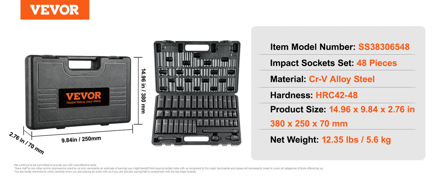 VEVOR 1/2" 3/8" Drive Impact Socket Set 13/23/33/34/48/65/90PCs SAE or Metric Cr-V/Cr-Mo Six Point