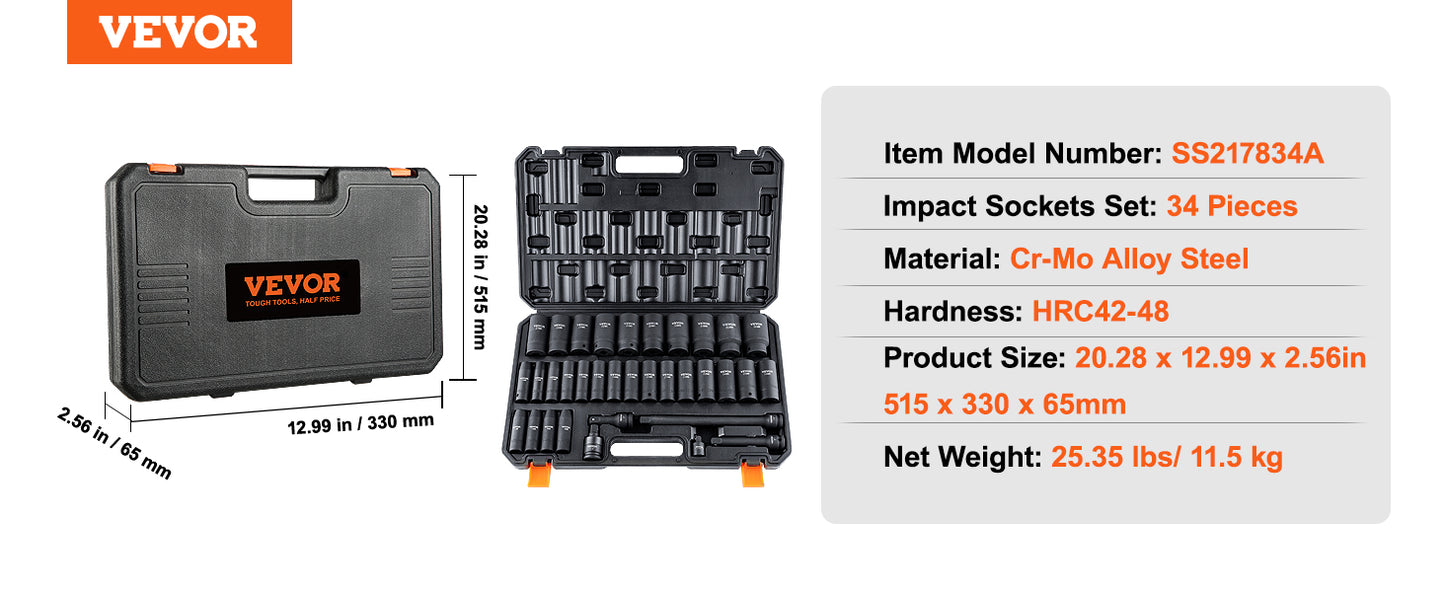 VEVOR 1/2" 3/8" Drive Impact Socket Set 13/23/33/34/48/65/90PCs SAE or Metric Cr-V/Cr-Mo Six Point