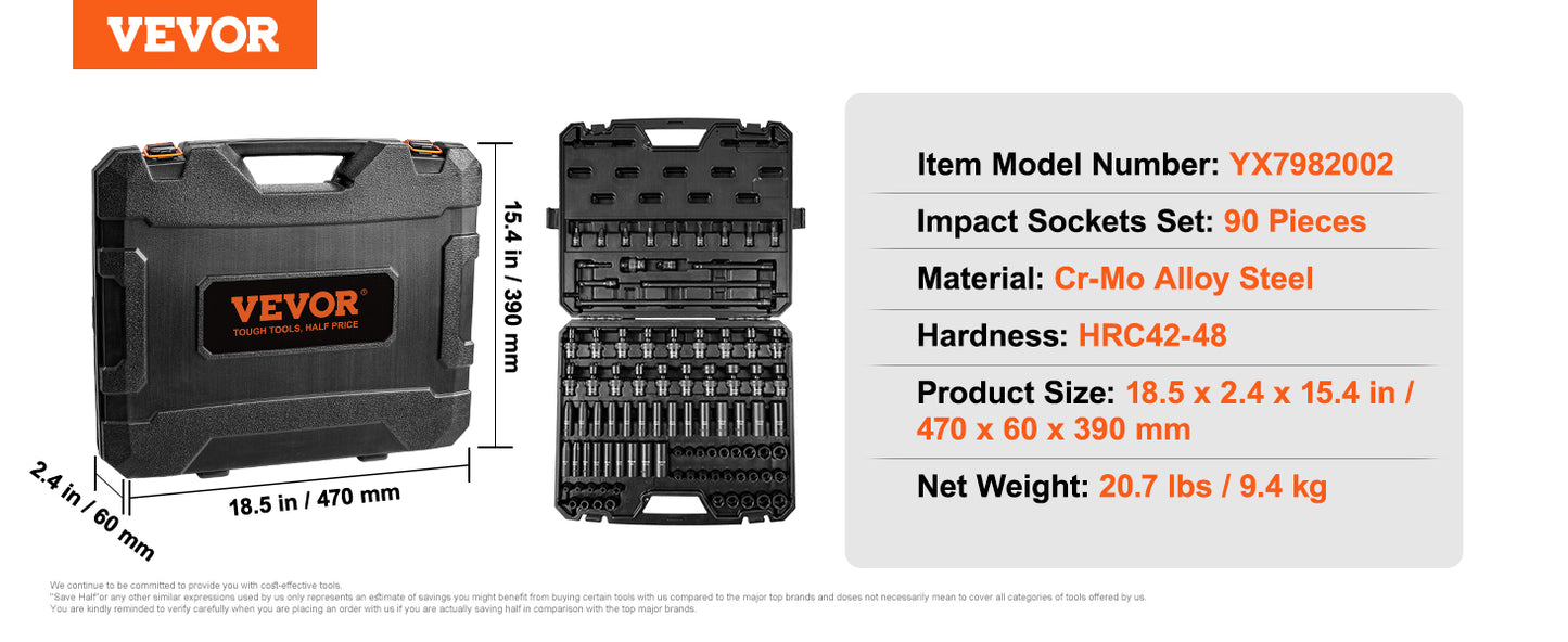 VEVOR 1/2" 3/8" Drive Impact Socket Set 13/23/33/34/48/65/90PCs SAE or Metric Cr-V/Cr-Mo Six Point