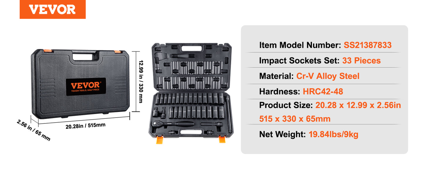 VEVOR 1/2" 3/8" Drive Impact Socket Set 13/23/33/34/48/65/90PCs SAE or Metric Cr-V/Cr-Mo Six Point