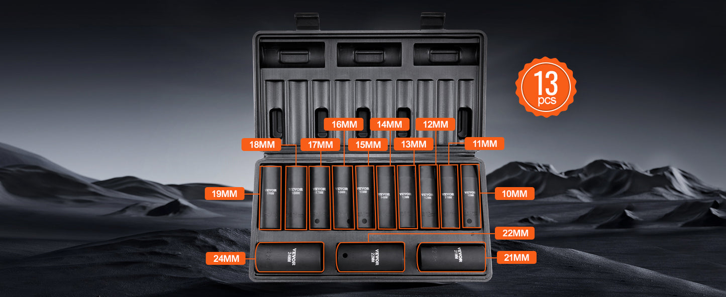 VEVOR 1/2" 3/8" Drive Impact Socket Set 13/23/33/34/48/65/90PCs SAE or Metric Cr-V/Cr-Mo Six Point