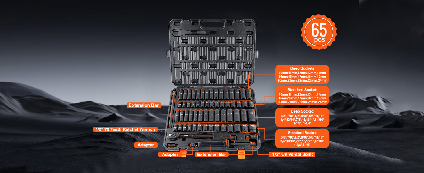 VEVOR 1/2" 3/8" Drive Impact Socket Set 13/23/33/34/48/65/90PCs SAE or Metric Cr-V/Cr-Mo Six Point