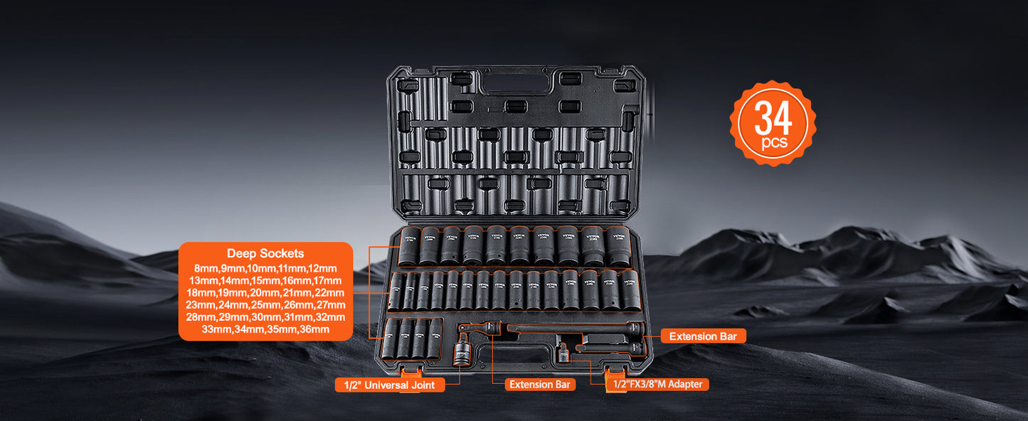 VEVOR 1/2" 3/8" Drive Impact Socket Set 13/23/33/34/48/65/90PCs SAE or Metric Cr-V/Cr-Mo Six Point