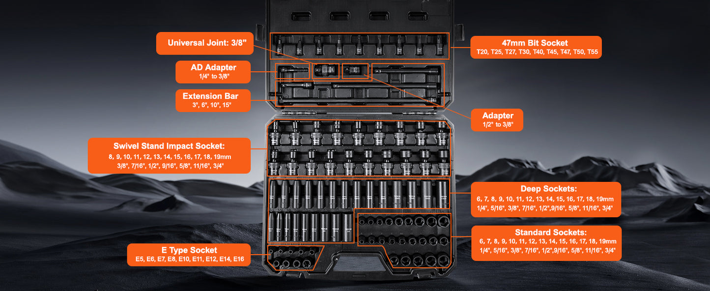 VEVOR 1/2" 3/8" Drive Impact Socket Set 13/23/33/34/48/65/90PCs SAE or Metric Cr-V/Cr-Mo Six Point