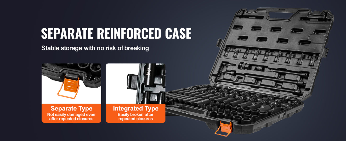 VEVOR 1/2" 3/8" Drive Impact Socket Set 13/23/33/34/48/65/90PCs SAE or Metric Cr-V/Cr-Mo Six Point