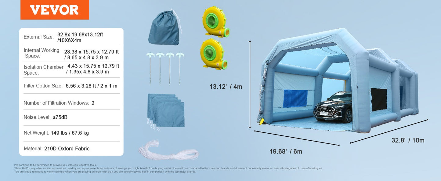 VEVOR Inflatable Paint Booth w/Blowers Inflatable Spray Booth Powerful Spray Paint Tent Air Filter