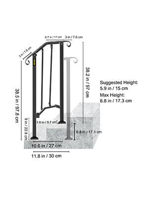 VEVOR Handrail Picket #1/2/3/4/5 Fits 1 to 5 Steps White Black Wrought Iron Stair handrail with Kit