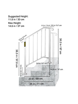 VEVOR Handrail Picket #1/2/3/4/5 Fits 1 to 5 Steps White Black Wrought Iron Stair handrail with Kit