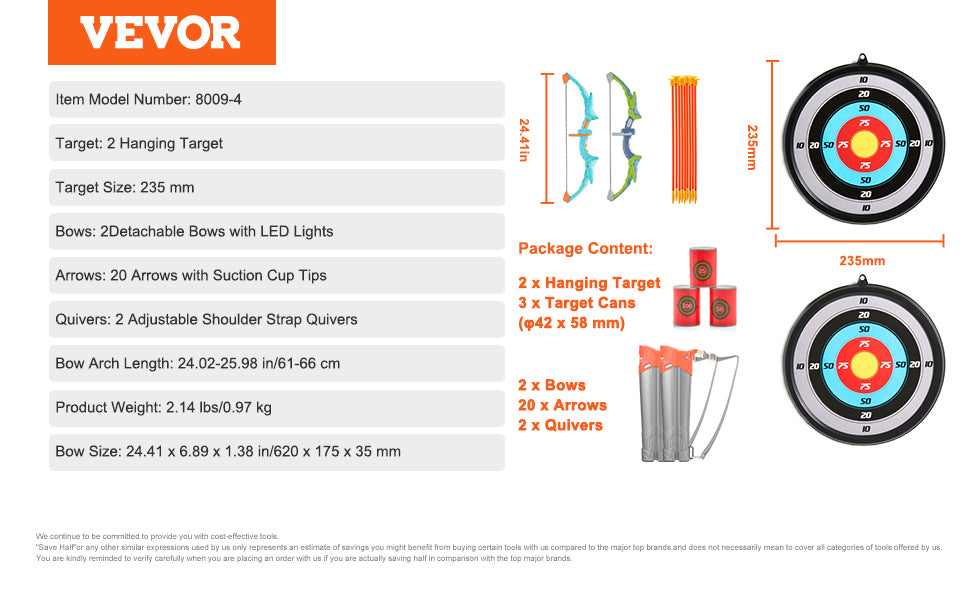 VEVOR Bow & Arrow LED Light Up Archery Set 10/20 Suction Cup Arrow Target & Quiver Kids Ages 4-12