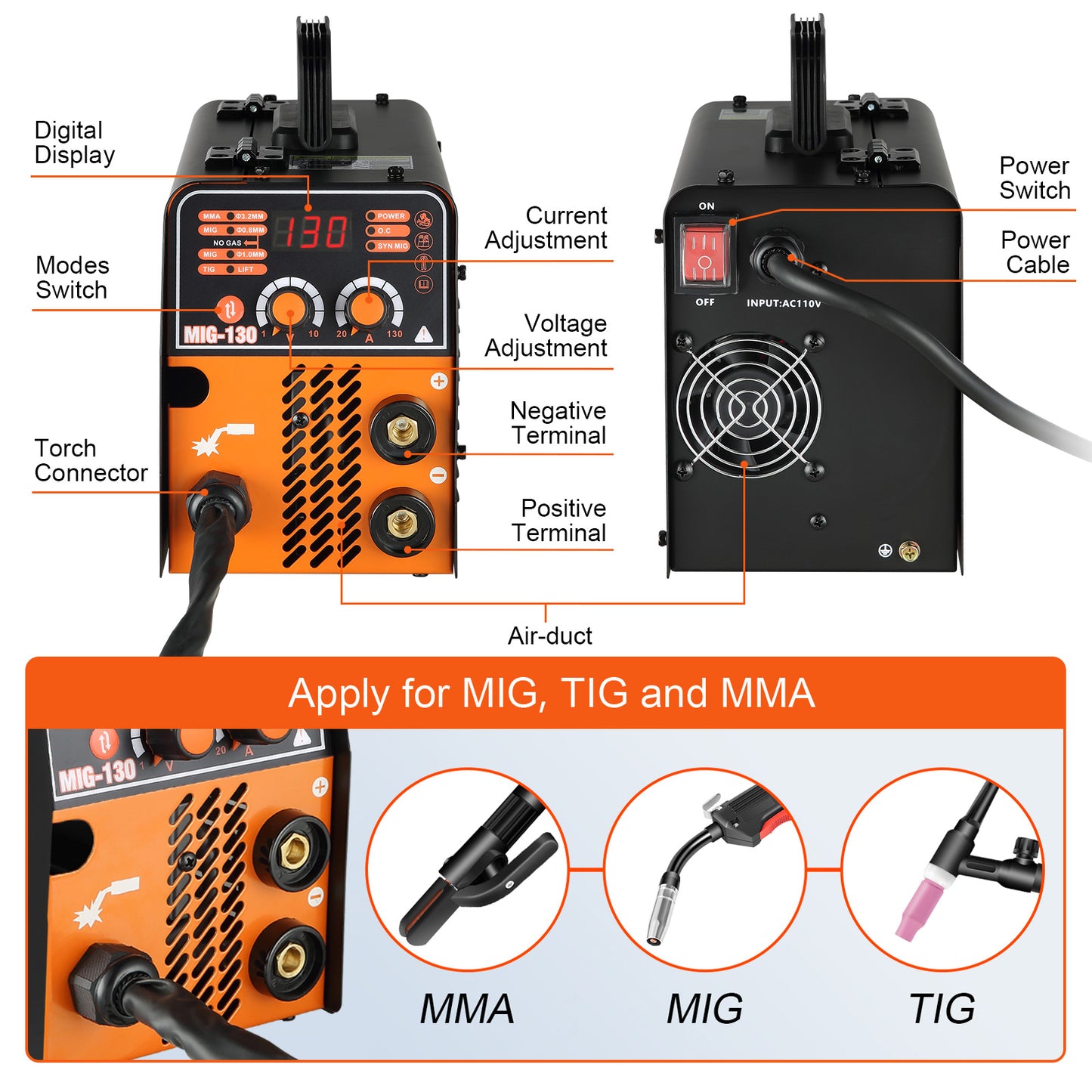 VEVOR MIG Welder 130A Portable Welding Machine 3 in 1 Combo MMA/MIG/LIFT TIG Flux Core Welder