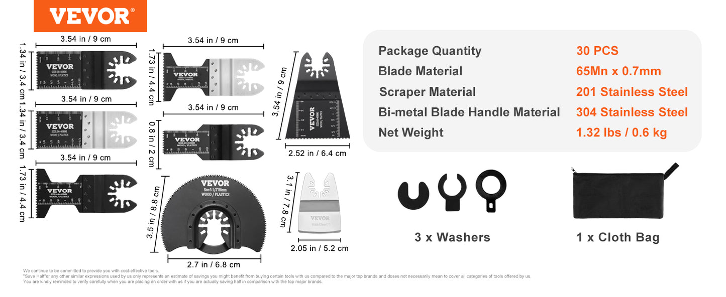 VEVOR 30PCS Multi Blade Kit Quick Release Oscillating Multi-Function Saw Blades Dewalt Craftsman