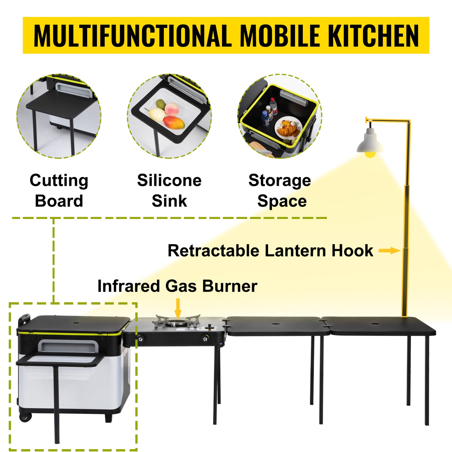 VEVOR Mobile Kitchen Portable Multifunctional Camp Box w/ Wheels Integrated Cooking Station