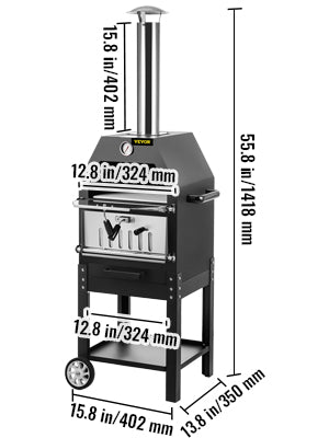 VEVOR 12" Wood Fried Pizza Oven with Wheels & Handle Labor-Saving 2-Layer Portable