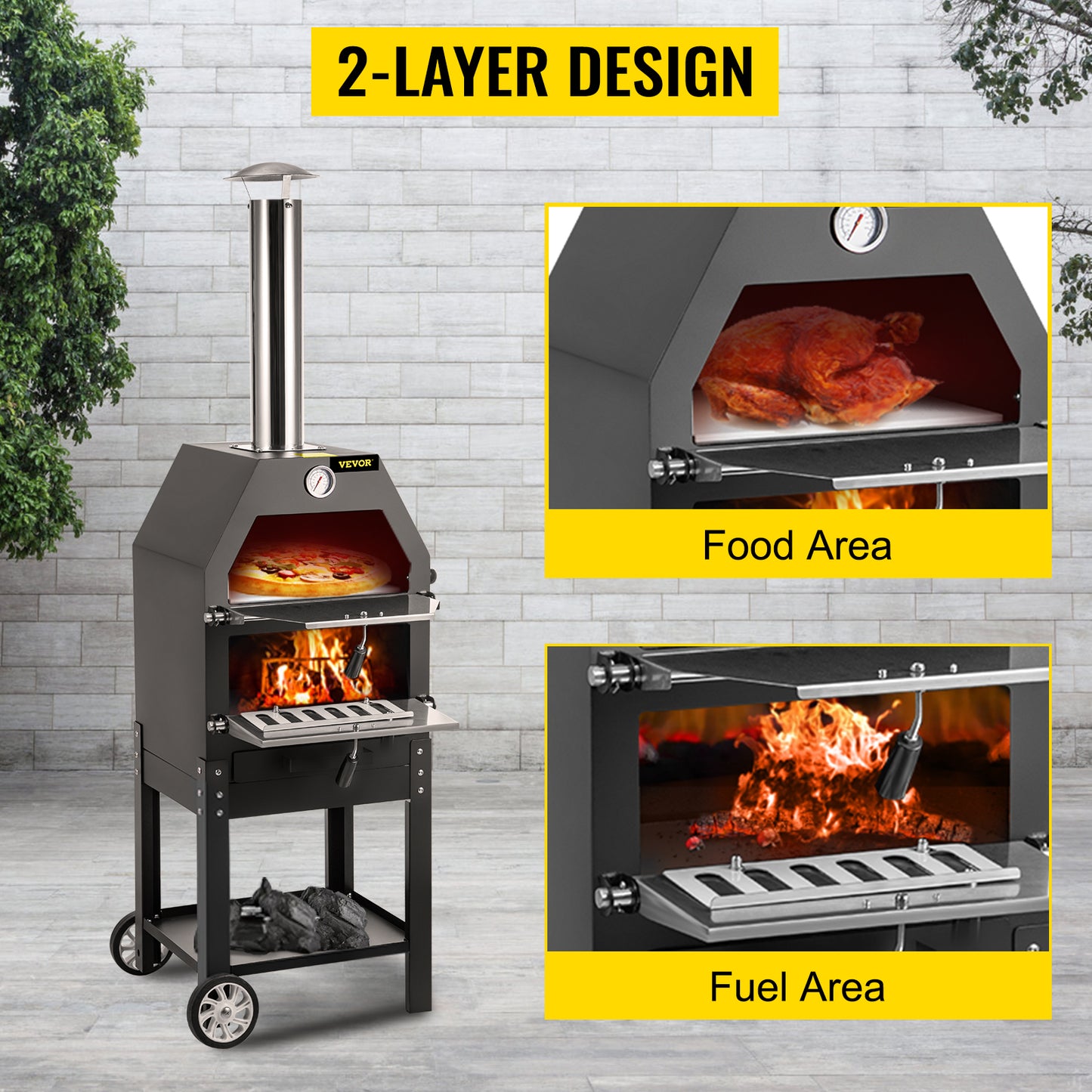 VEVOR 12" Wood Fried Pizza Oven with Wheels & Handle Labor-Saving 2-Layer Portable