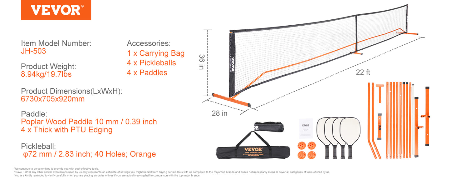 VEVOR Portable Pickleball Net System 22FT Full Court Pickle Ball Nets Indoor & Outdoor