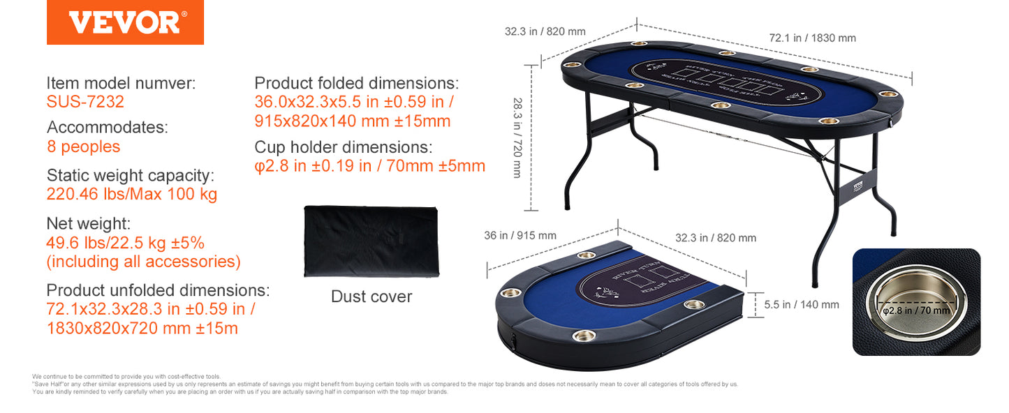 VEVOR 8 Player Foldable Poker Table Blackjack Texas Holdem with Padded Rails and Stainless Steel Cup