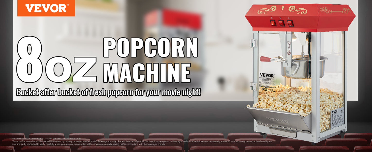 VEVOR Commercial Popcorn Machine, 8/12 Oz Kettle, Countertop,Theater Style Popper w/ 3-Switch, Red